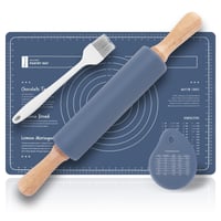 Set de copt Metamorisy – Făcăleț din lemn de 38 cm + Covoraș de copt din silicon verde 60x40 cm + Racletă pentru aluat + Pensulă de bucătărie 1