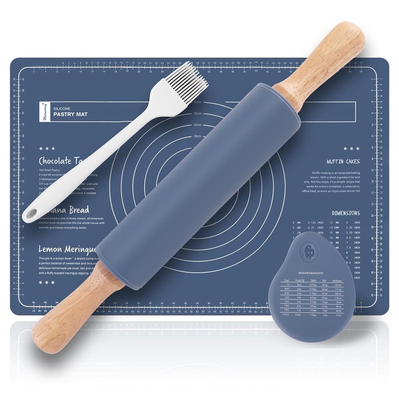 Set de copt Metamorisy – Făcăleț din lemn de 38 cm + Covoraș de copt din silicon verde 60x40 cm + Racletă pentru aluat + Pensulă de bucătărie