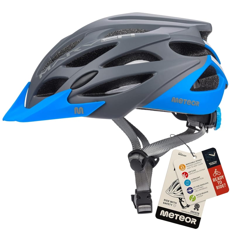 meteor Marven Kerékpáros Sisak Férfi Női Gyerek MTB Roller Downhill Inline Gördeszkázás - M (55-58cm), grey / blue