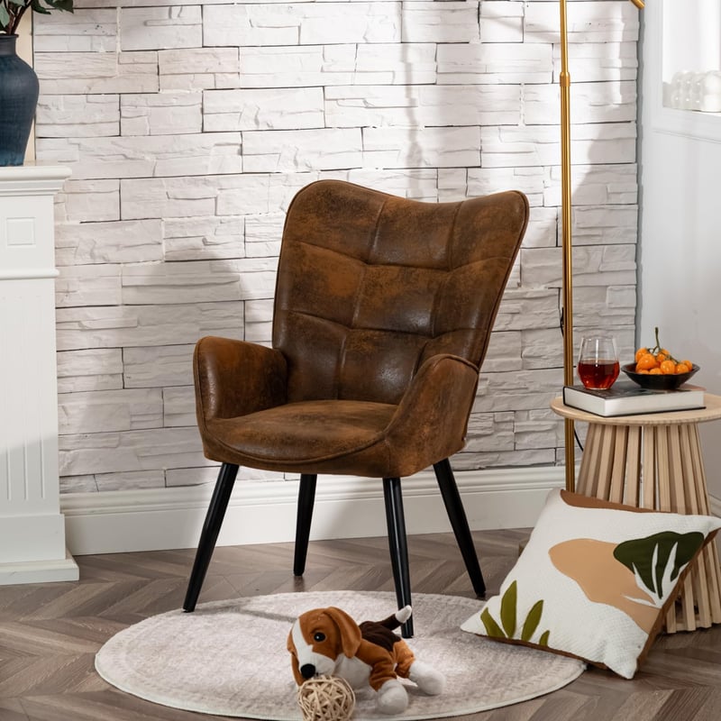 MEUBLE COSY Barna Szövet Fotel Magas Támlával Fém Lábakkal Nappalihoz