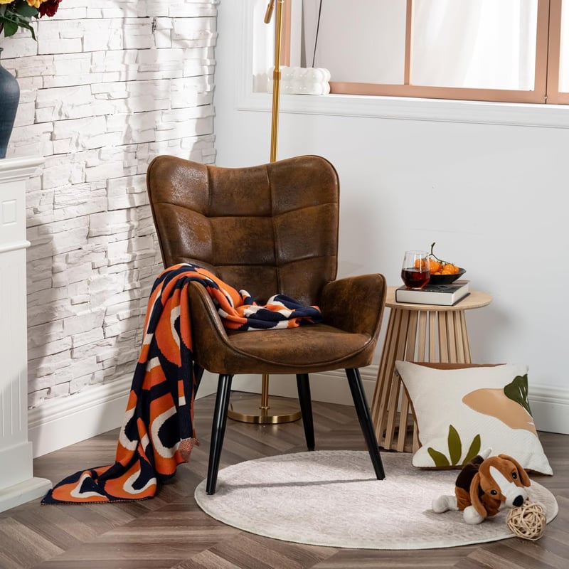 MEUBLE COSY Barna Szövet Fotel Magas Támlával Fém Lábakkal Nappalihoz