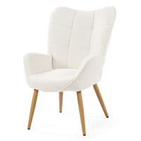 Škandinávske kreslo MEUBLE COSY s kovovými nohami v imitácii dreva, hrubým sedacím vankúšom, podrúčkami, v bielej bouclé látke, béžová farba, do obývačky 1