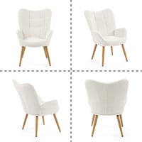Škandinávske kreslo MEUBLE COSY s kovovými nohami v imitácii dreva, hrubým sedacím vankúšom, podrúčkami, v bielej bouclé látke, béžová farba, do obývačky 5