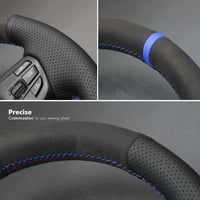 Husă de volan cusută manual MEWANT pentru BMW i3, neagră, perforată, cu cusături albastru închis, îmbrăcăminte pentru volan 3