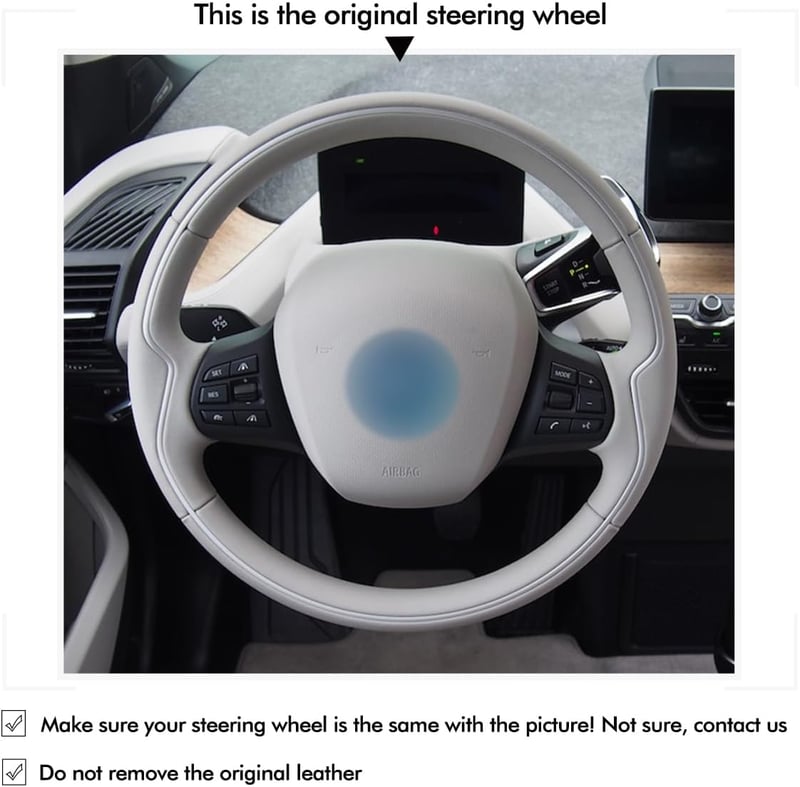 Husă de volan cusută manual MEWANT pentru BMW i3, neagră, perforată, cu cusături albastru închis, îmbrăcăminte pentru volan