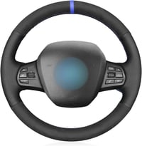 Husă de volan cusută manual MEWANT pentru BMW i3, neagră, perforată, cu cusături albastru închis, îmbrăcăminte pentru volan 1