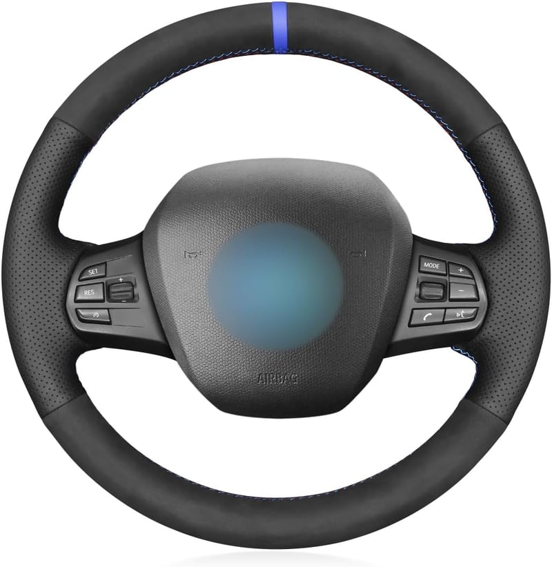 Husă de volan cusută manual MEWANT pentru BMW i3, neagră, perforată, cu cusături albastru închis, îmbrăcăminte pentru volan