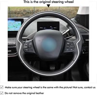Husă de volan cusută manual MEWANT pentru BMW i3, neagră, perforată, cu cusături albastru închis, îmbrăcăminte pentru volan 6