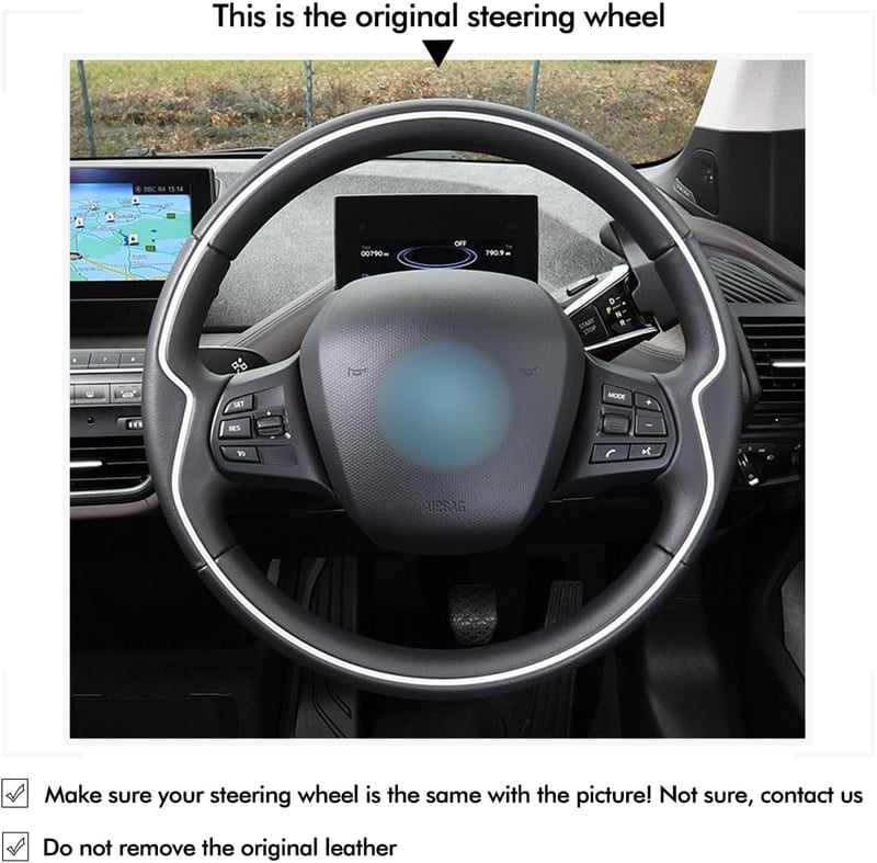 Husă de volan cusută manual MEWANT pentru BMW i3, neagră, perforată, cu cusături albastru închis, îmbrăcăminte pentru volan