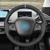 Husă de volan cusută manual MEWANT pentru BMW i3, neagră, perforată, cu cusături albastru închis, îmbrăcăminte pentru volan 2