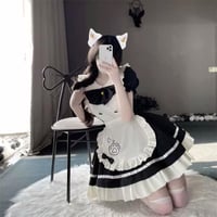 MeYuxg Kostým francúzskej chyžnej s roztomilým mačacím vzorom, čierno-bielou zásterou, čelenkou a mašľou, na Halloween, karnevalovú párty, veľkosť M 7