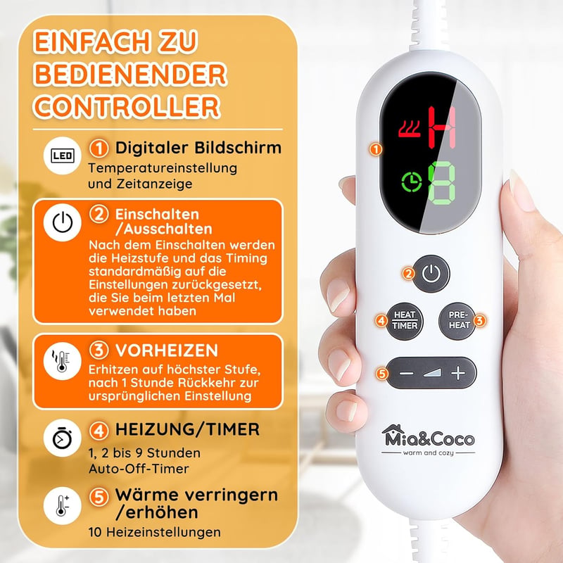 Mia&Coco elektromos takaró 10 fokozatú fűtéssel, automata kikapcsolás, 9 órás időzítő