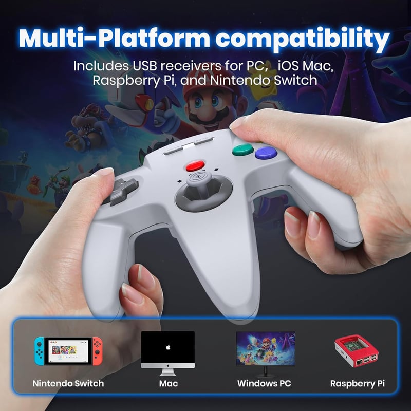 miadore Wireless N64 Kontroller 2,4 GHz USB vevővel PC Mac iOS Switch kompatibilis szürke