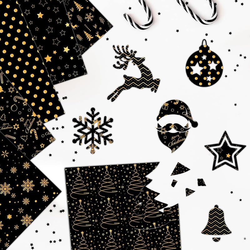 MIAHART 30 Lap Karácsonyi Mintás Papír A4 Fekete Arany Kétoldalas Scrapbooking