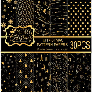 MIAHART 30 Lap Karácsonyi Mintás Papír A4 Fekete Arany Kétoldalas Scrapbooking