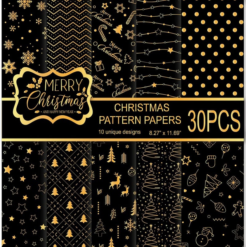 MIAHART 30 Lap Karácsonyi Mintás Papír A4 Fekete Arany Kétoldalas Scrapbooking