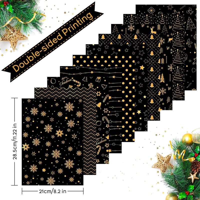 MIAHART 30 Lap Karácsonyi Mintás Papír A4 Fekete Arany Kétoldalas Scrapbooking