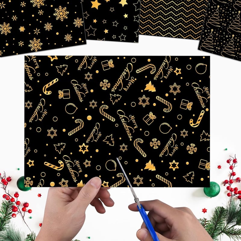 MIAHART 30 Lap Karácsonyi Mintás Papír A4 Fekete Arany Kétoldalas Scrapbooking