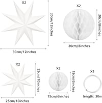 MIAHART Karácsonyi Függő Csillag Dekoráció Szett - 4 db 9 Ágú Papír Csillag és 4 db Méhsejt Gömb - Fehér Függő Dekoráció Esküvőre, Születésn 3