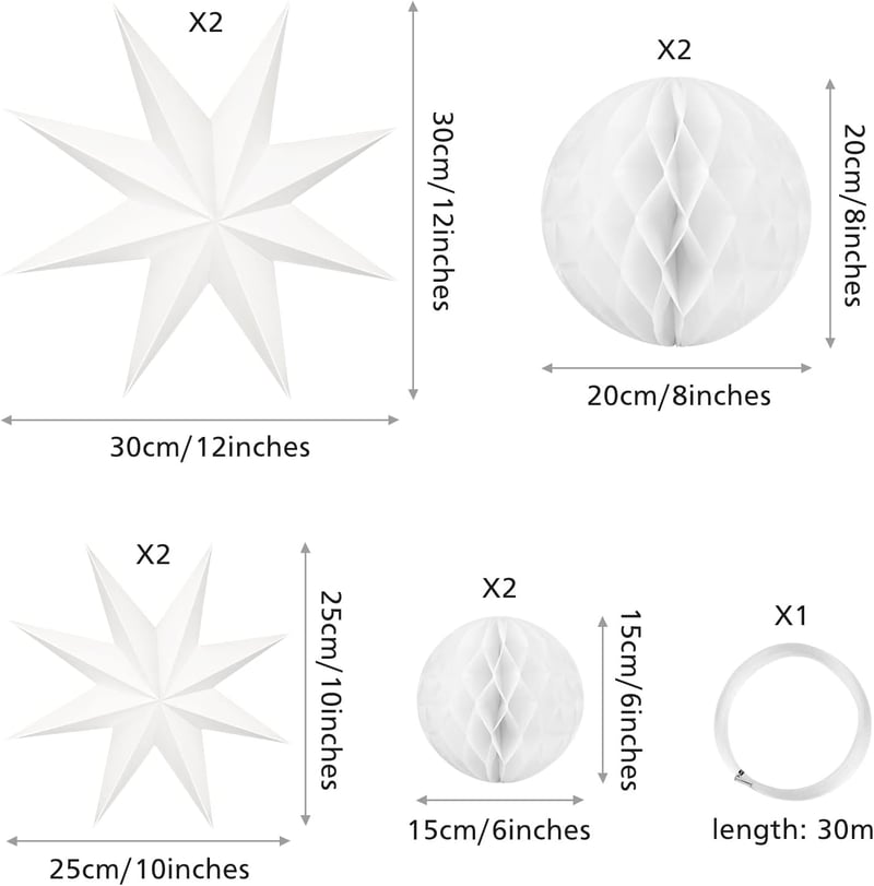 MIAHART Karácsonyi Függő Csillag Dekoráció Szett - 4 db 9 Ágú Papír Csillag és 4 db Méhsejt Gömb - Fehér Függő Dekoráció Esküvőre, Születésn