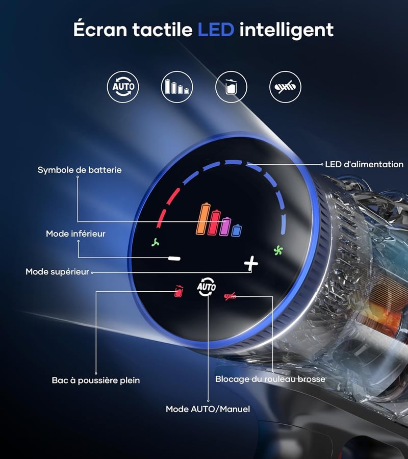 MIBODE Akkumulátoros Porszívó 550W 70 Perc Üzemidő Intelligens Kijelző Automatikus Mód Szőnyeg Kemény Padló Kék