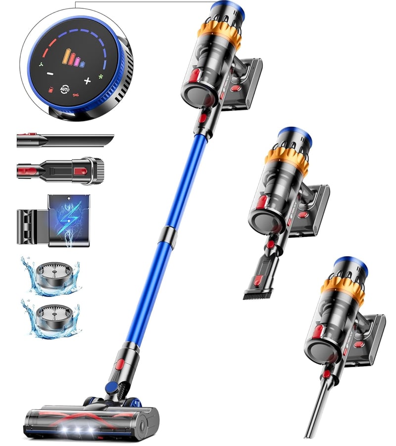 MIBODE V28B Vezeték Nélküli Porszívó 45000Pa Szívóerővel, 550W Motor, 65 Perc Üzemidő, Szürke-Kék, Szőrcsomó-Mentes Kefe, Szőnyeg és Keményp