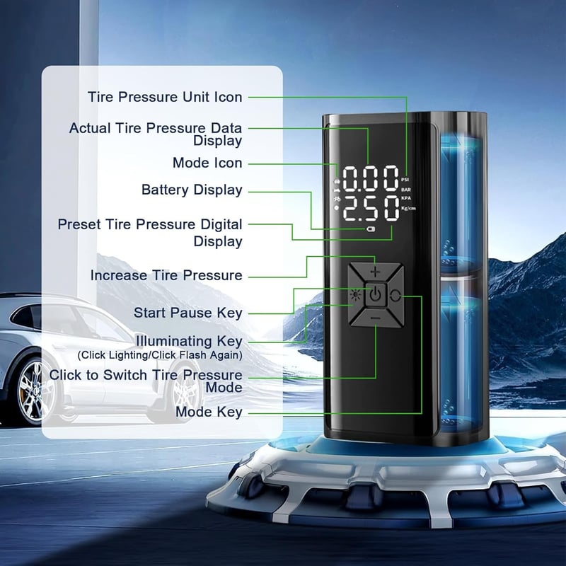 Micacorn 4500mAh hordozható elektromos légpumpa LCD kijelzővel autóhoz