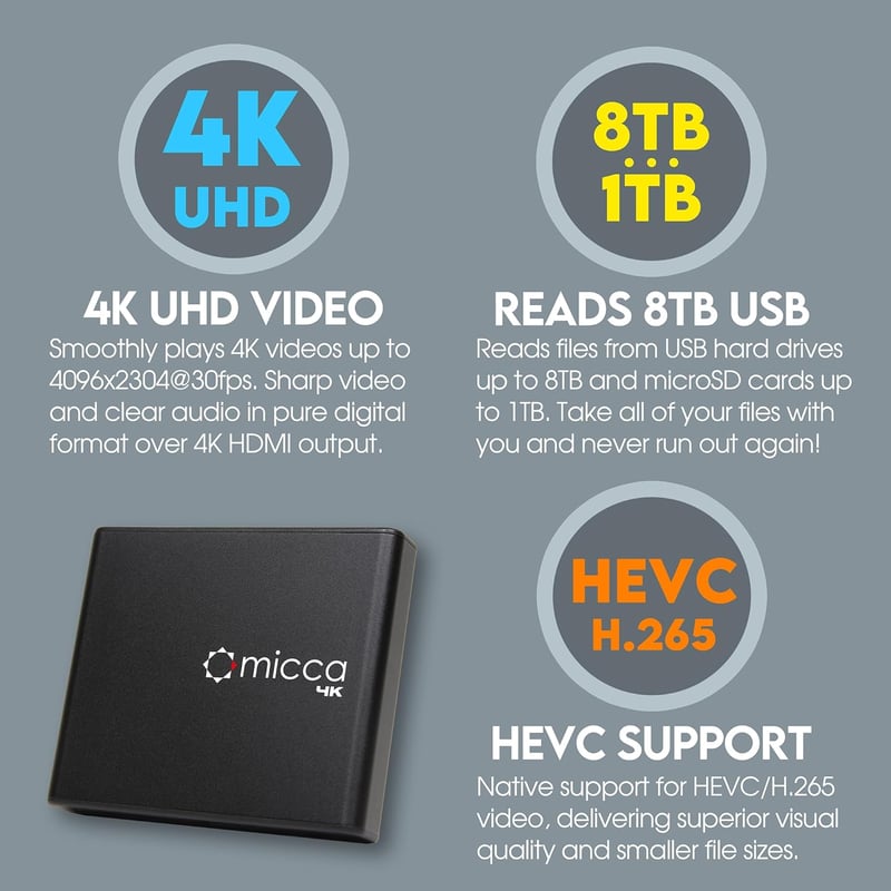 Micca 4K 60Hz Ultra HD médialejátszó USB és MicroSD támogatással