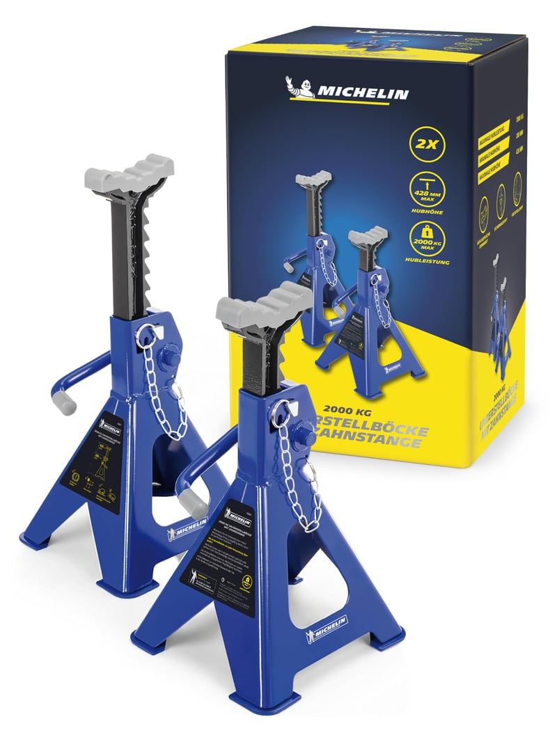 Set 2 capre pentru mașină Michelin, capacitate 2000 kg, înălțime reglabilă, cu mecanism cu cremalieră, structură din oțel