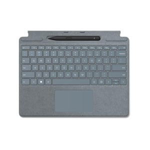 Klávesnica Microsoft Surface Pro 8/X Signature s krytom z materiálu Alcantara a dotykovým perom, v ľadovo modrej farbe, používaný stav