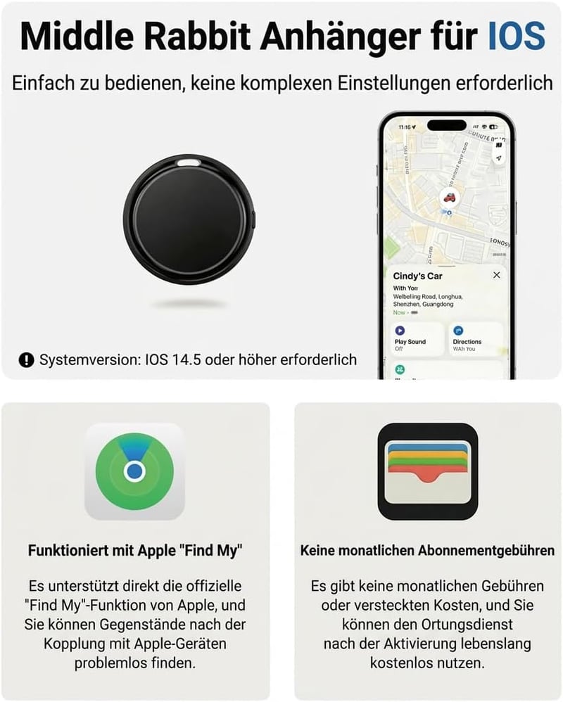 Middle Rabbit GPS nyomkövető Apple iOS-hez, AirTag alternatíva kutyanyakörvre - black