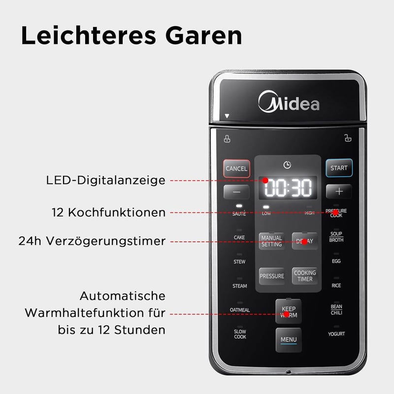 Midea 9-in-1 Elektromos Kukta 8L - Multifunkciós Főzőedény Joghurt, Rizs, Lassú Főzés, Sous Vide, Gőzölés Funkciókkal, Rozsdamentes Acél Bel