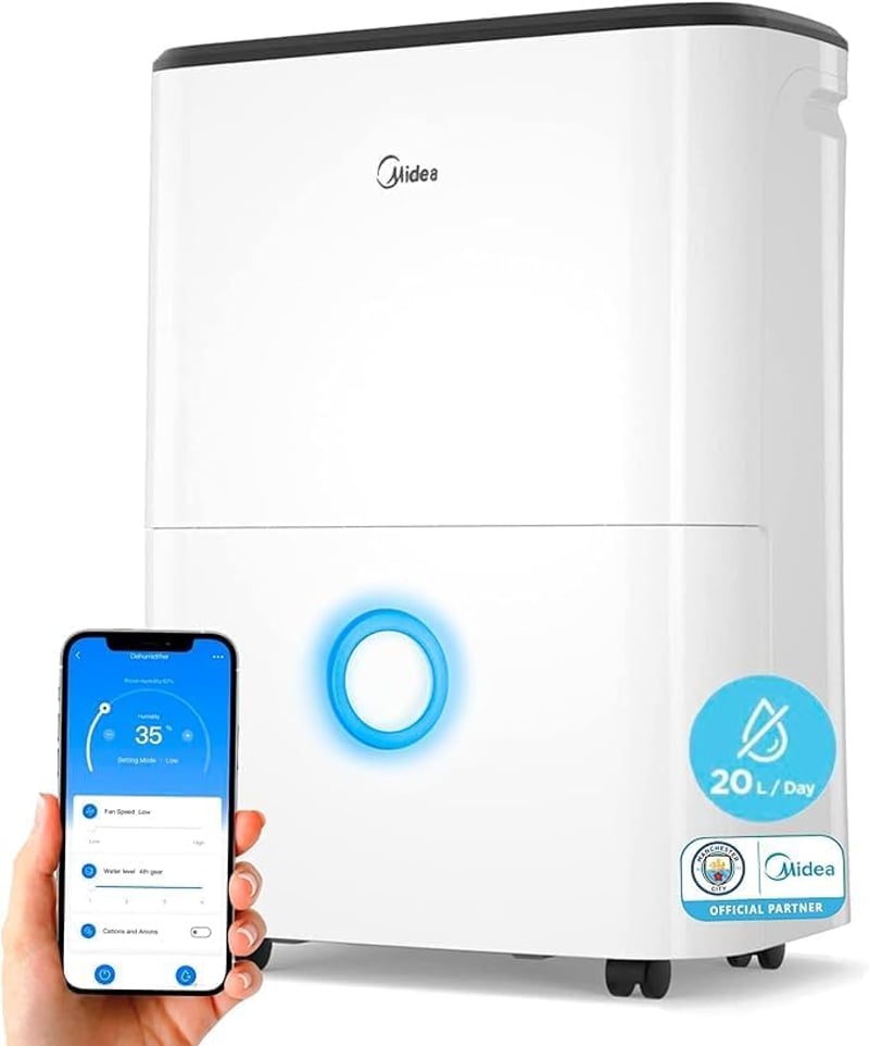 Midea Csendes Párátlanító 20L - Energiatakarékos Légtisztító 50m² Helyiségekhez, Kivehető Tartállyal, 43dB Zajszinttel, Fehér