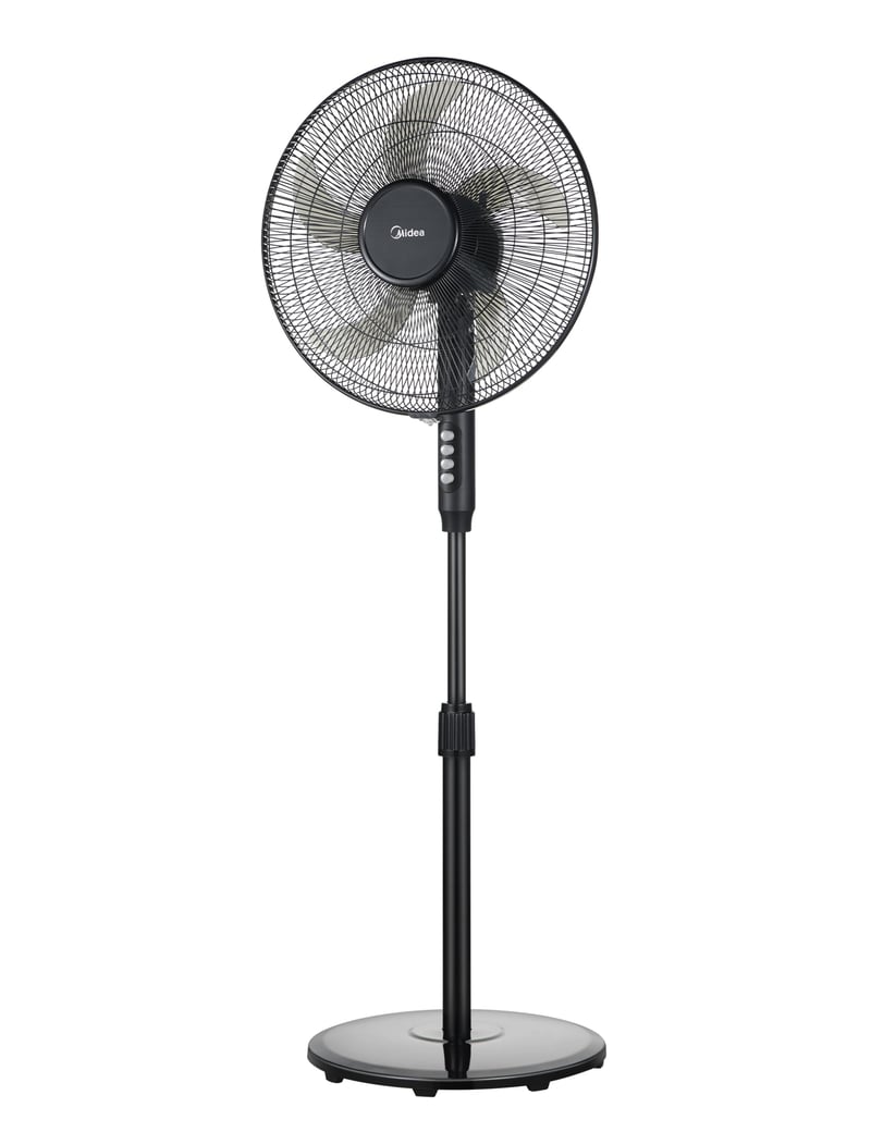 Ventilator cu picior Midea FS40-15FR cu telecomandă, 55W, 3 viteze, afișaj LED, temporizator 7,5 ore, oscilație 80°, înălțime reglabilă, negru