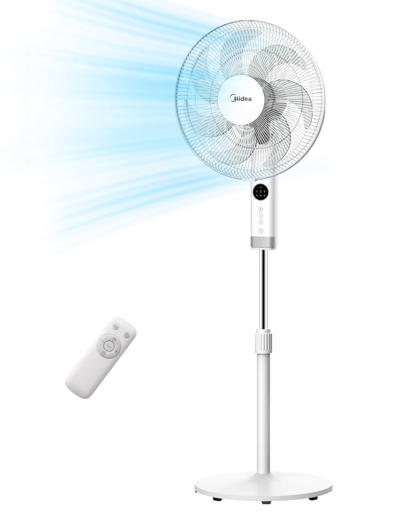 Stojanový ventilátor Midea FS40-16CR s DC motorom, diaľkové ovládanie, 12 rýchlostí, 12-hodinový časovač, 4 režimy, 22 dB, biely, energeticky úsporný, LED displej, nastaviteľná výška