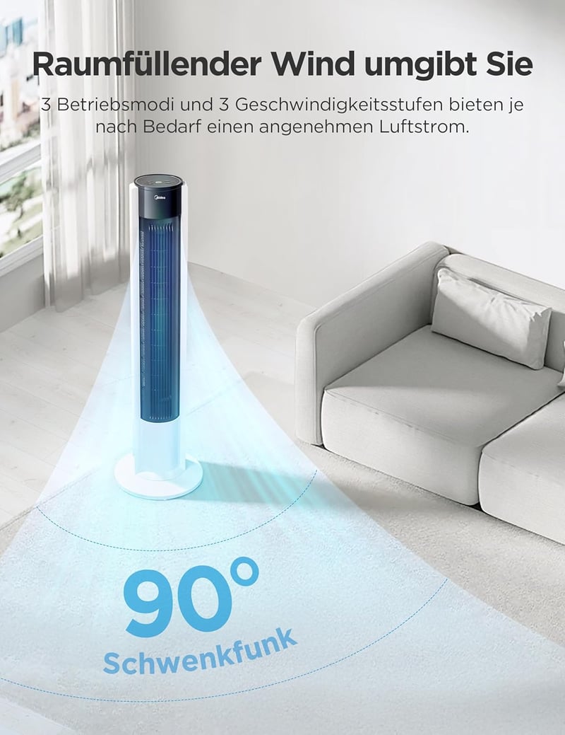 Midea FZ10-19BRA torony ventilátor távirányítóval, 7 órás időzítő, 3 sebesség