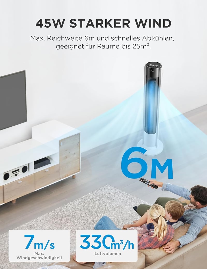 Midea FZ10-19BRA torony ventilátor távirányítóval, 7 órás időzítő, 3 sebesség