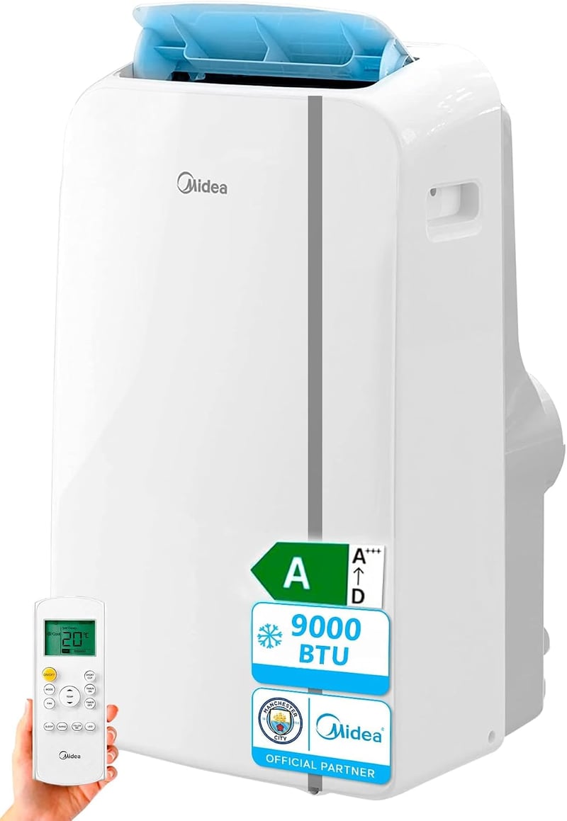 Midea hordozható mobil klíma HEPA szűrővel 2700 W hűtő szivattyú 3 fokozat 62 dB termosztáttal távirányítóval fehér ablak készlettel