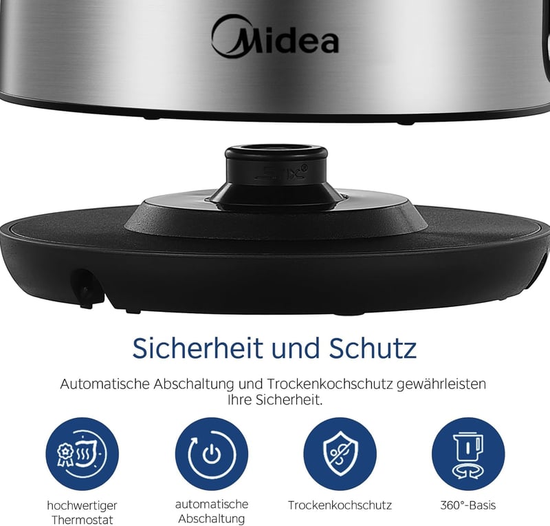 Midea MKE17M1ADS rozsdamentes vízforraló 1,7L, 2200W gyorsforraló, LED kijelzővel