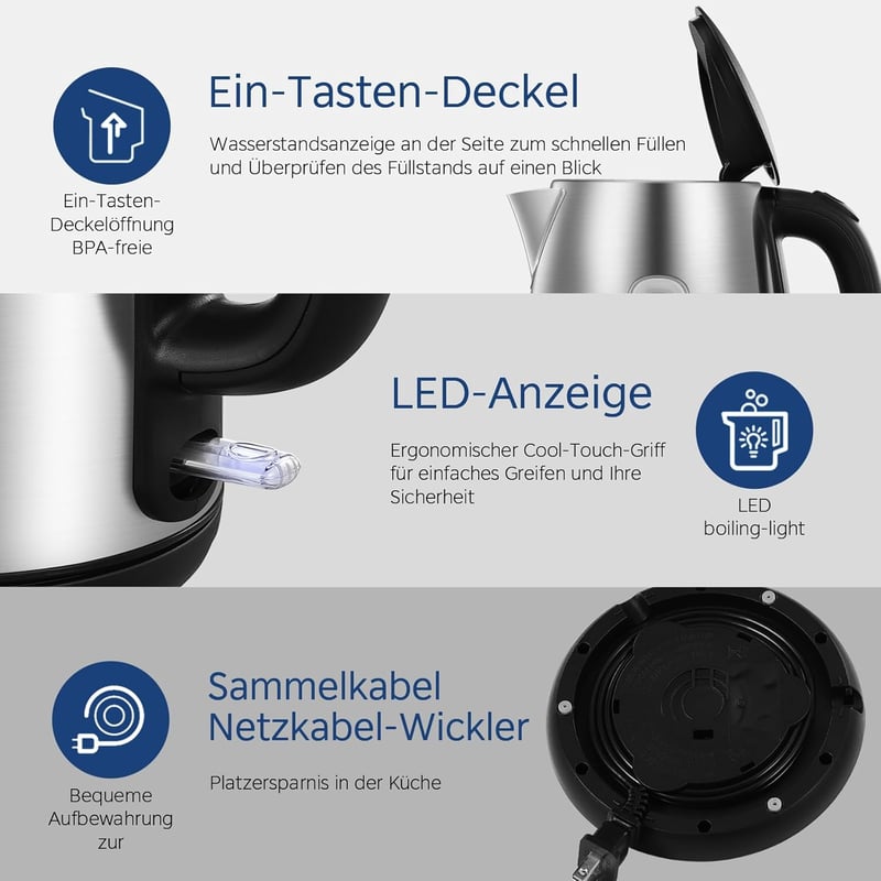 Midea MKE17M1ADS rozsdamentes vízforraló 1,7L, 2200W gyorsforraló, LED kijelzővel