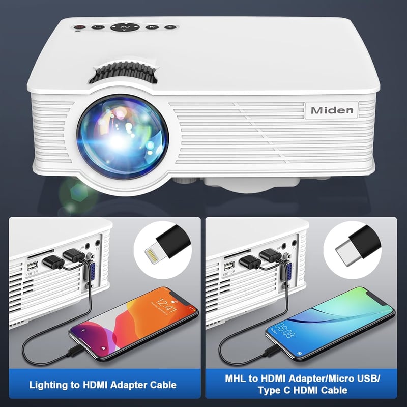 Miden Mini Projektor 1080P Full HD, 9000 Lumen Hordozható Videó Projektor 260" Kijelzővel, Otthoni Mozi HDMI USB VGA Kompatibilis - White