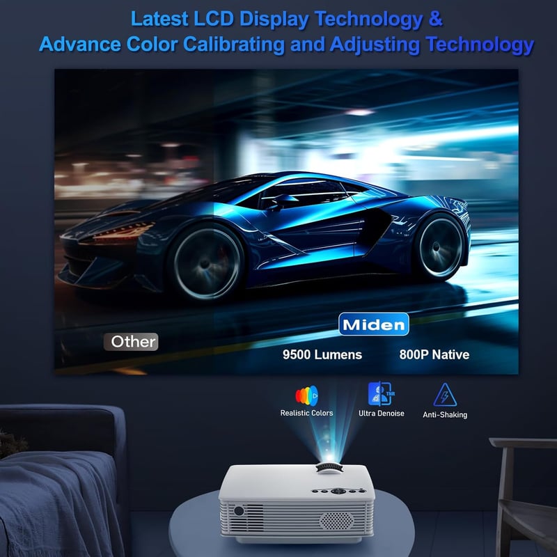 Miden Mini Projektor 1080P Full HD, 9000 Lumen Hordozható Videó Projektor 260" Kijelzővel, Otthoni Mozi HDMI USB VGA Kompatibilis - White