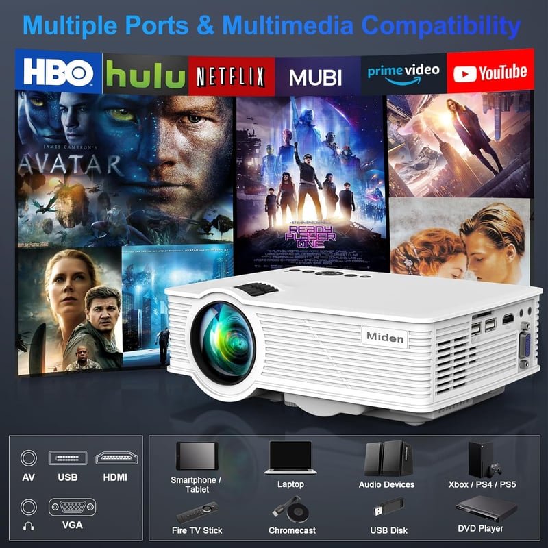 Miden Mini Projektor 1080P Full HD, 9000 Lumen Hordozható Videó Projektor 260" Kijelzővel, Otthoni Mozi HDMI USB VGA Kompatibilis - White