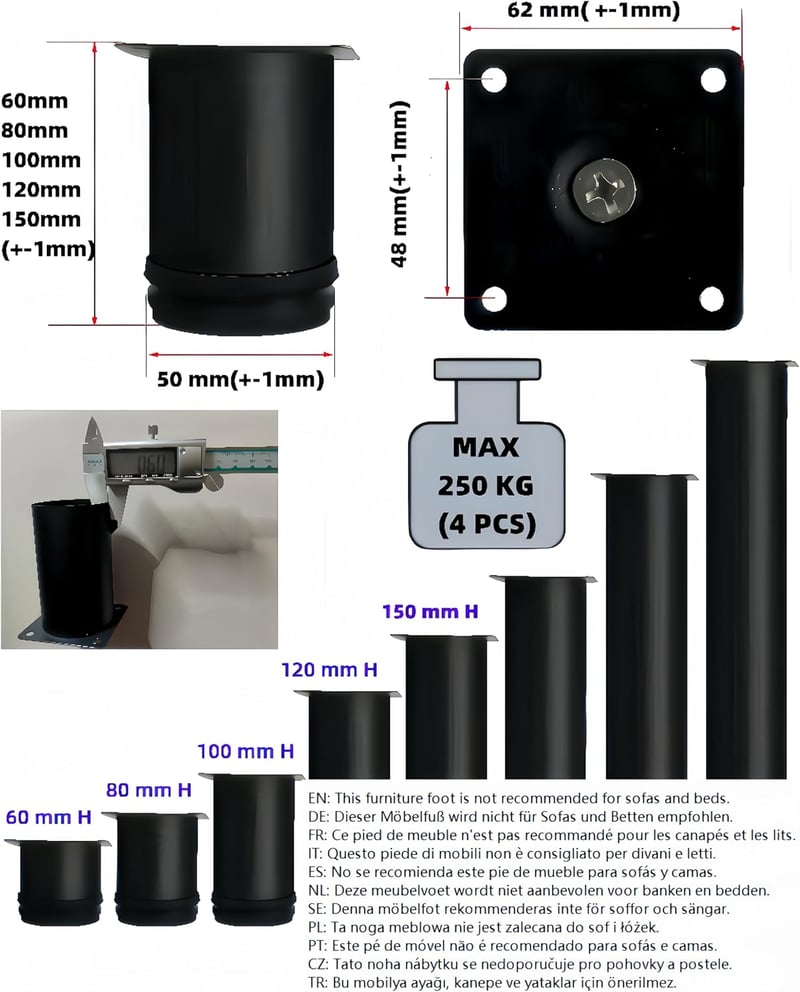 MIEGUIWOR 4 db állítható bútor láb, 25 cm, ezüst, szekrény és asztal lábak