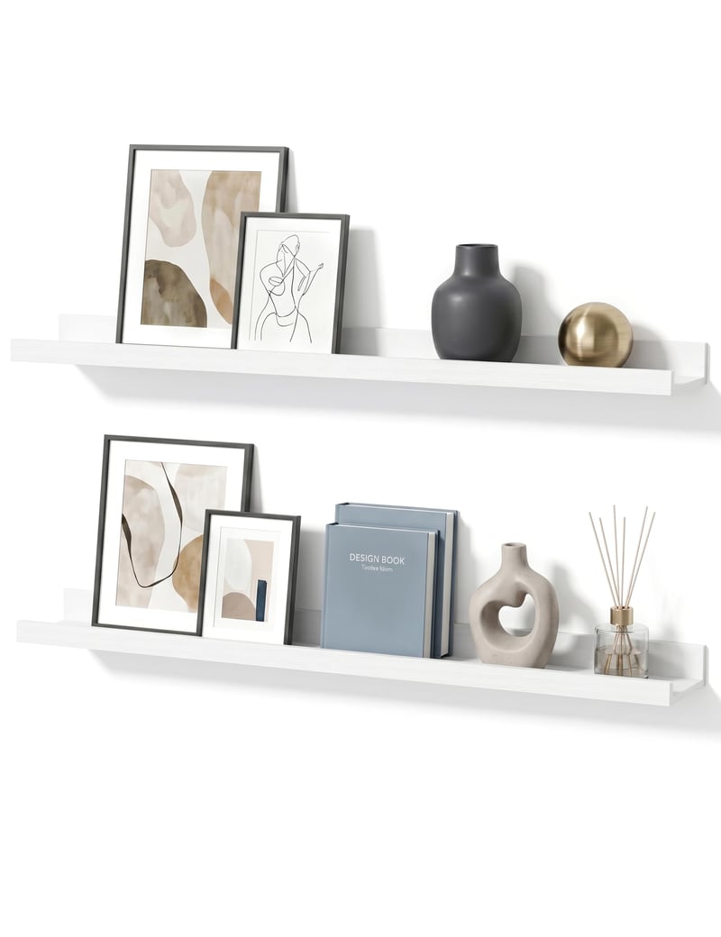Mifurn Képpolc Fehér 90 cm 2 db-os Szett Lebegő Fali Polc Emelt Elő- és Hátsó Éllel Képkeretekhez Könyvekhez és Dekorációhoz Nappaliba Hálószobába Előszobába