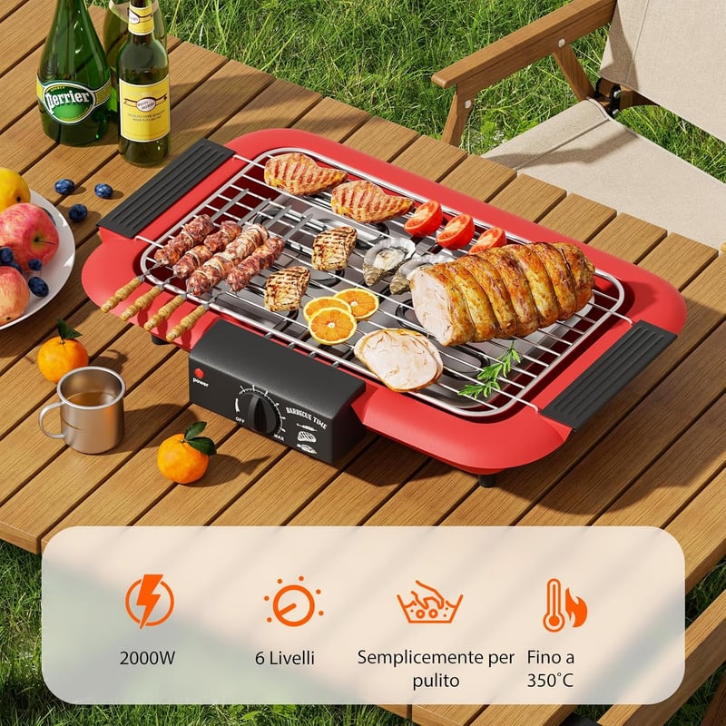 Mihoho 2000 W piros füstmentes elektromos grill tapadásmentes rács beltéri kültéri hordozható dupla csöves BBQ sütő