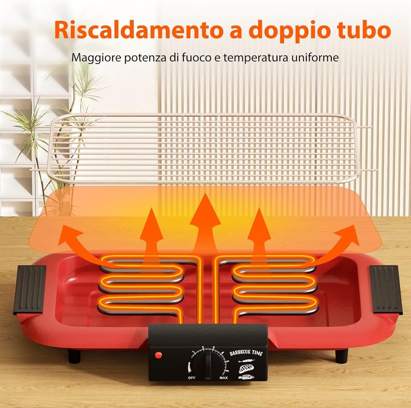Mihoho 2000 W piros füstmentes elektromos grill tapadásmentes rács beltéri kültéri hordozható dupla csöves BBQ sütő