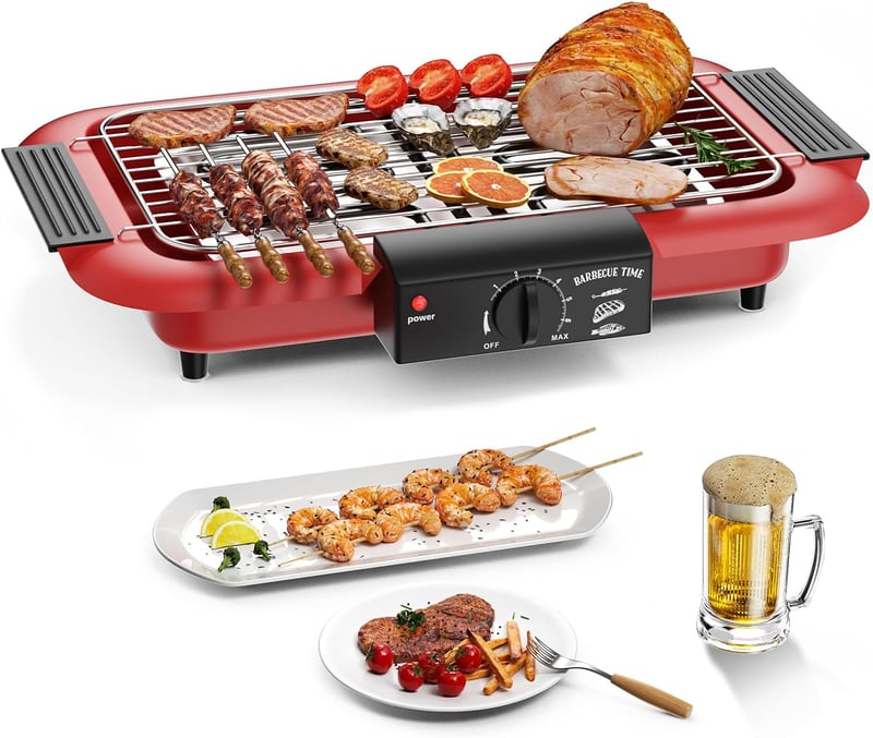 Mihoho elektromos grillsütő, füstmentes, tapadásmentes, 2000 W - piros