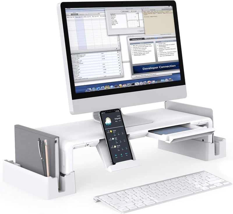 MiiKARE Állítható Monitor Állvány Tárolófiókkal, Telefontartóval és 2 Polccal