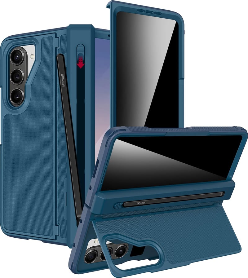 Miimall puzdro na Samsung Galaxy Z Fold 6 s držiakom na S-Pen, ochranným sklom na ochranu súkromia, vojenskou úrovňou odolnosti voči nárazom, ochranou pántu a stojanom, tmavomodré
